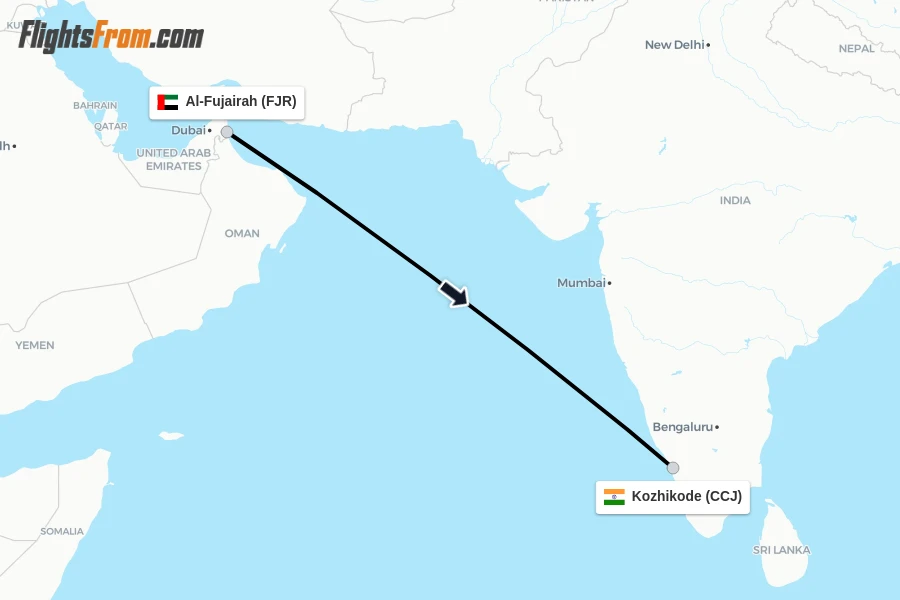 Flights from Al-Fujairah to Kozhikode route map