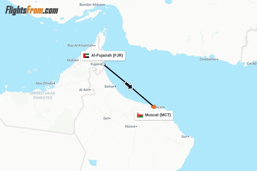 Flights from Al-Fujairah to Muscat route map