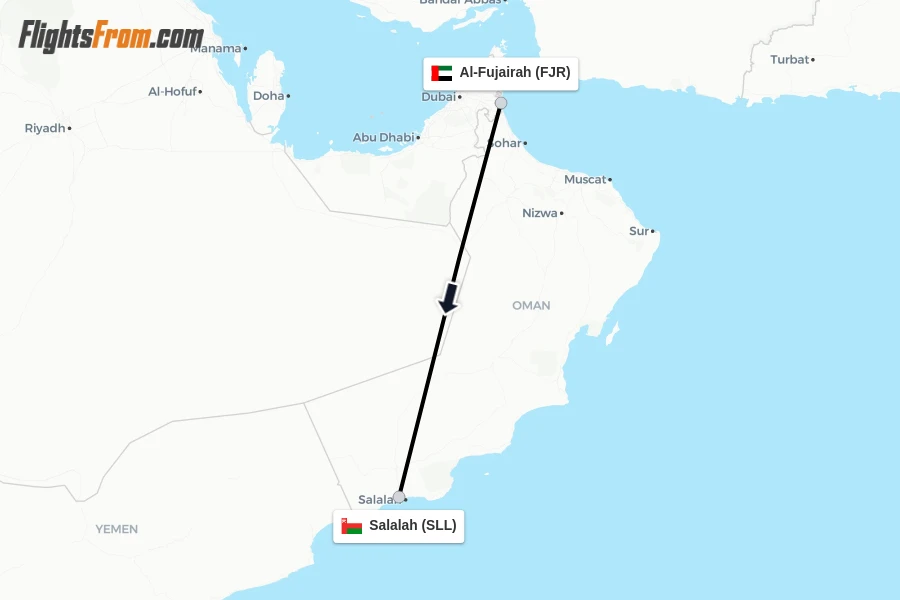 Flights from Al-Fujairah to Salalah route map