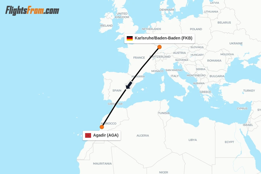 Flights from Karlsruhe/Baden-Baden to Agadir route map