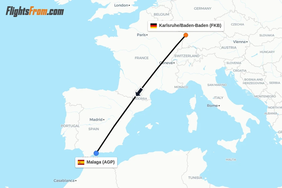 Flights from Karlsruhe/Baden-Baden to Malaga route map