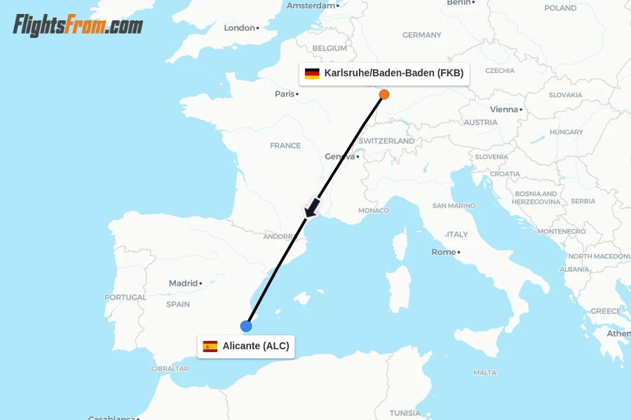 Flights from Karlsruhe/Baden-Baden to Alicante route map