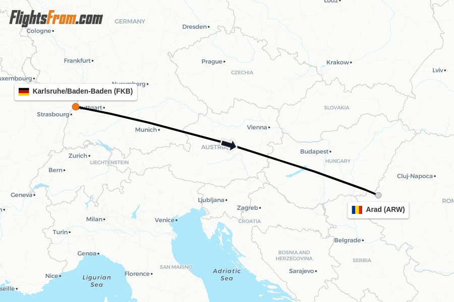 Flights from Karlsruhe/Baden-Baden to Arad route map