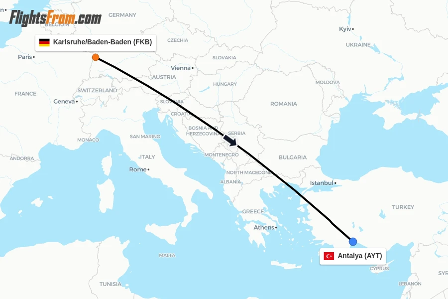 Flights from Karlsruhe/Baden-Baden to Antalya route map