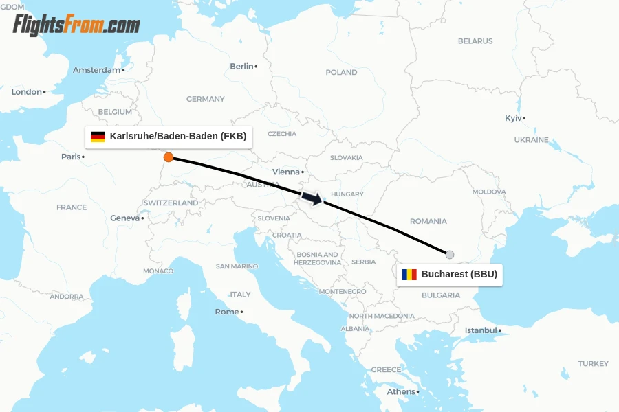 Flights from Karlsruhe/Baden-Baden to Bucharest route map