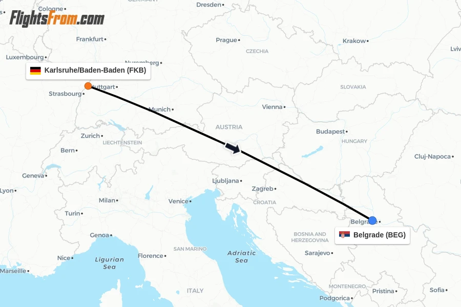 Flights from Karlsruhe/Baden-Baden to Belgrade route map