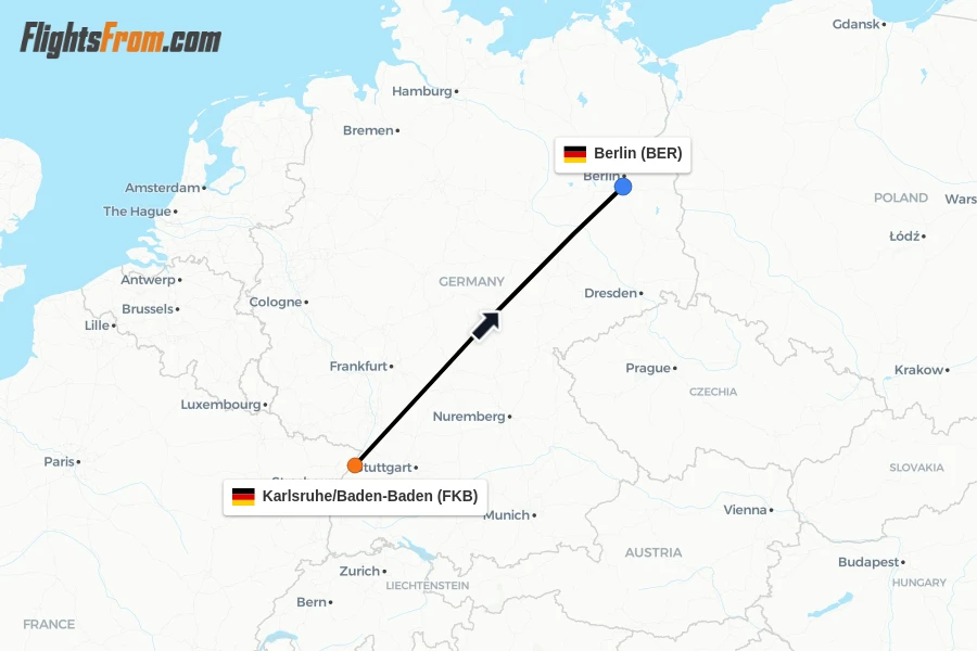 Flights from Karlsruhe/Baden-Baden to Berlin route map