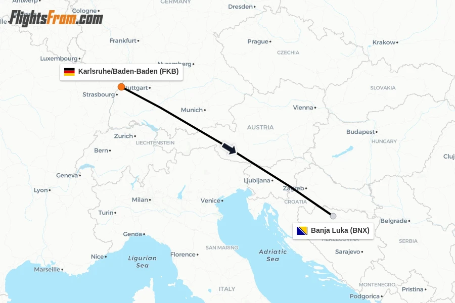 Flights from Karlsruhe/Baden-Baden to Banja Luka route map