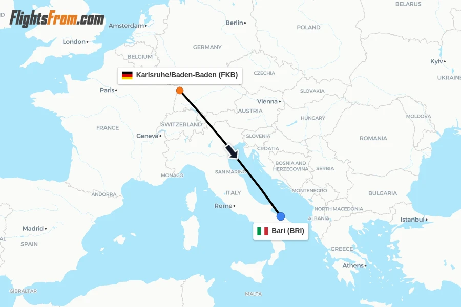 Flights from Karlsruhe/Baden-Baden to Bari route map
