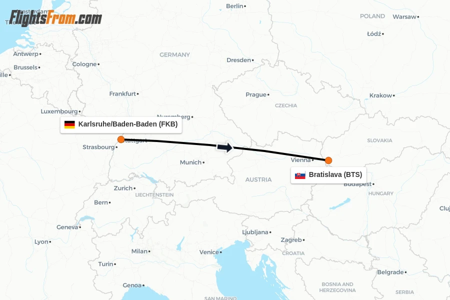 Flights from Karlsruhe/Baden-Baden to Bratislava route map