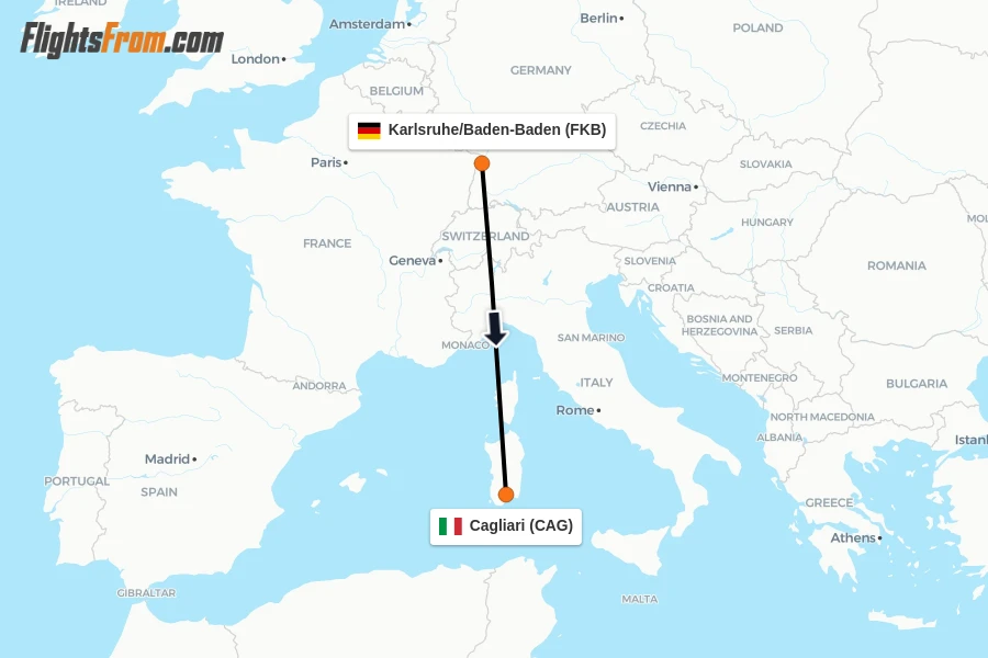Flights from Karlsruhe/Baden-Baden to Cagliari route map