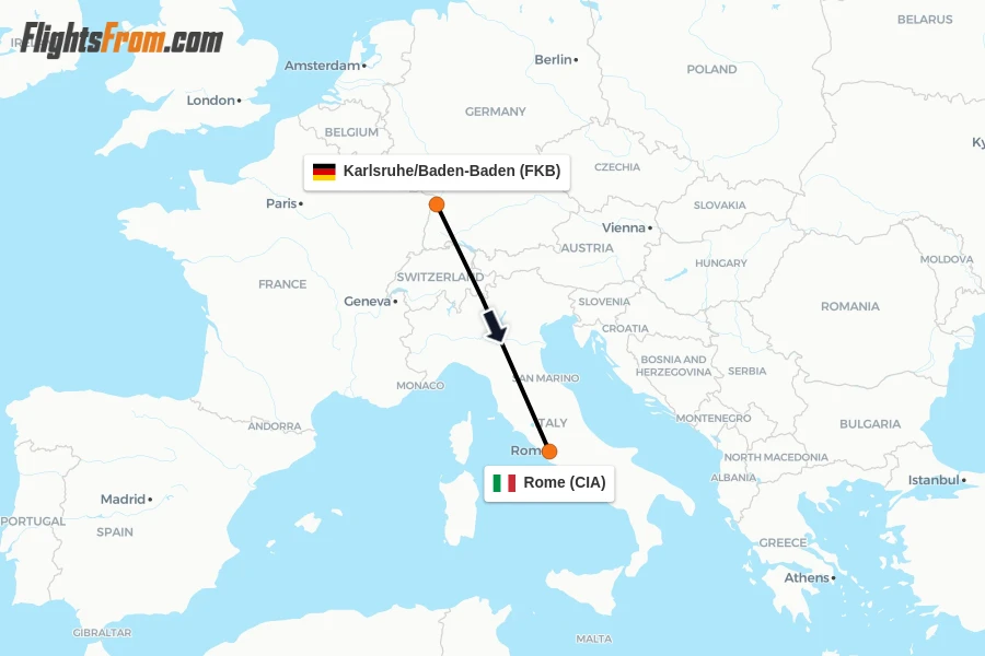 Flights from Karlsruhe/Baden-Baden to Rome route map