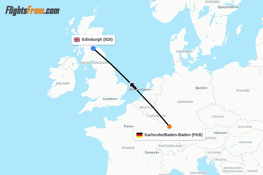 Flights from Karlsruhe/Baden-Baden to Edinburgh route map