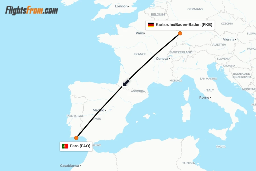 Flights from Karlsruhe/Baden-Baden to Faro route map