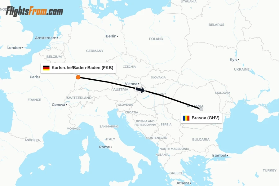 Flights from Karlsruhe/Baden-Baden to Brasov route map