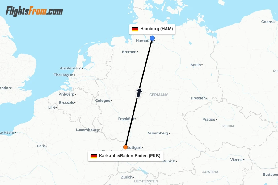 Flights from Karlsruhe/Baden-Baden to Hamburg route map