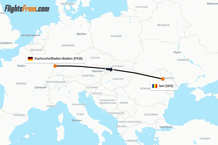 Flights from Karlsruhe/Baden-Baden to Iasi route map