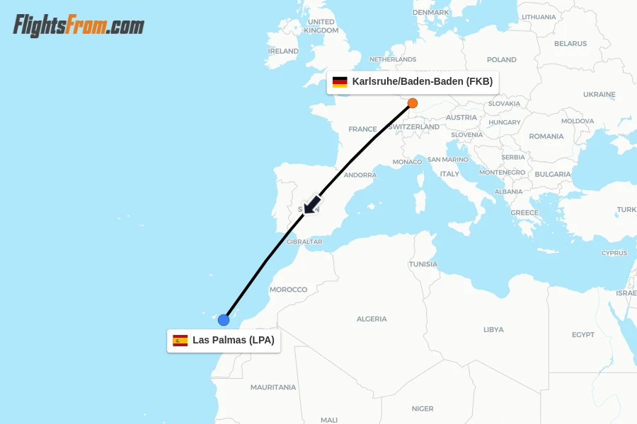 Flights from Karlsruhe/Baden-Baden to Las Palmas route map