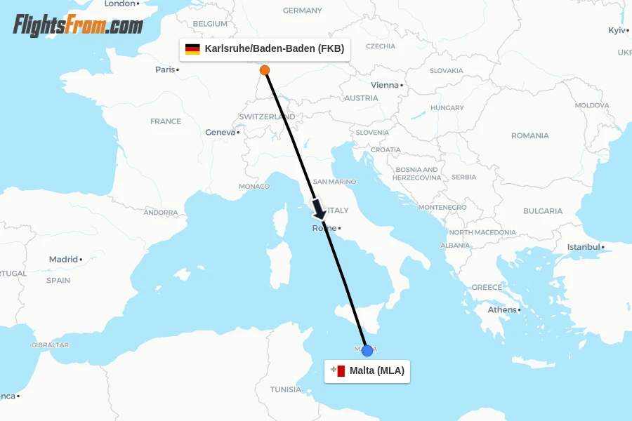 Flights from Karlsruhe/Baden-Baden to Malta route map