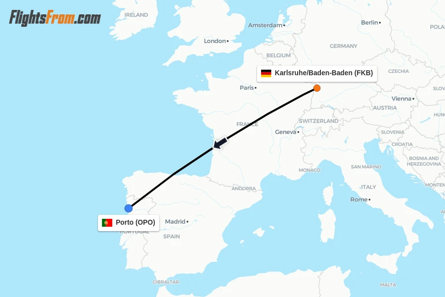 Flights from Karlsruhe/Baden-Baden to Porto route map