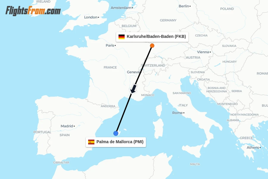 Flights from Karlsruhe/Baden-Baden to Palma de Mallorca route map