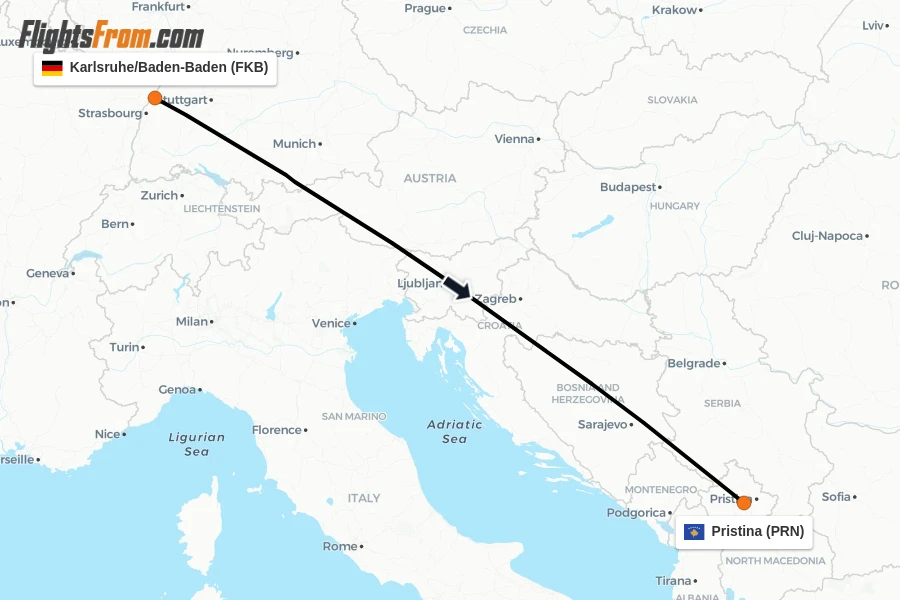 Flights from Karlsruhe/Baden-Baden to Pristina route map
