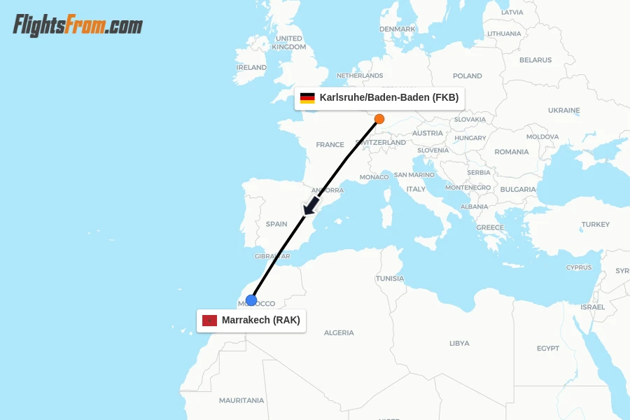 Flights from Karlsruhe/Baden-Baden to Marrakech route map