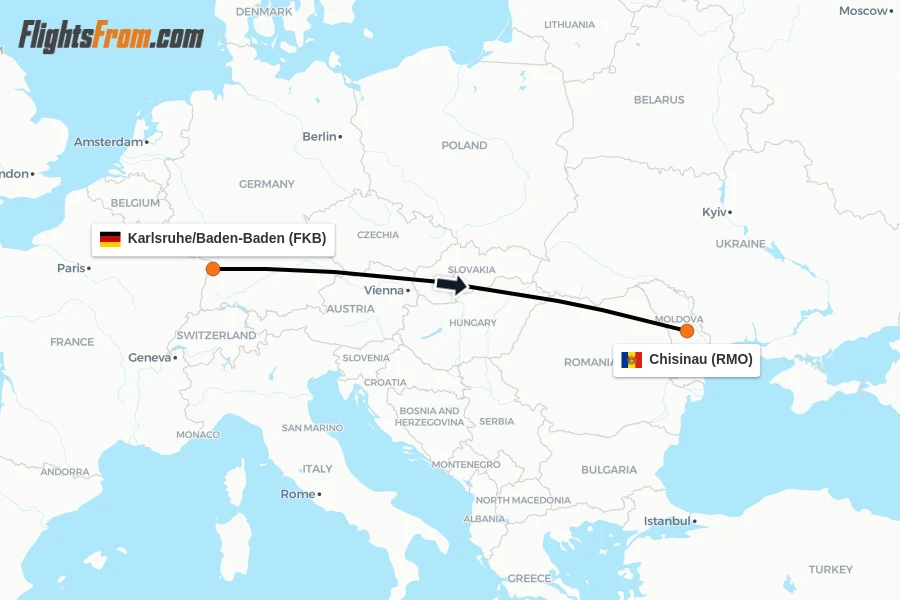 Flights from Karlsruhe/Baden-Baden to Chisinau route map