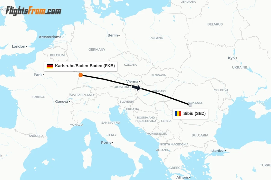 Flights from Karlsruhe/Baden-Baden to Sibiu route map