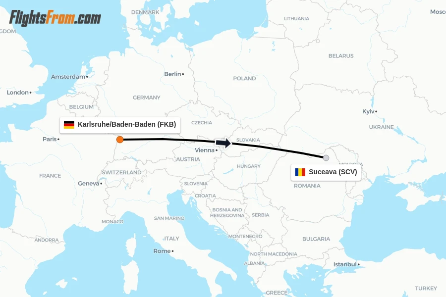 Flights from Karlsruhe/Baden-Baden to Suceava route map
