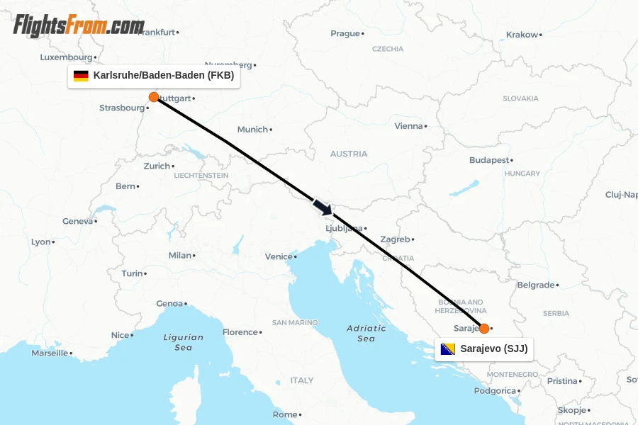 Flights from Karlsruhe/Baden-Baden to Sarajevo route map