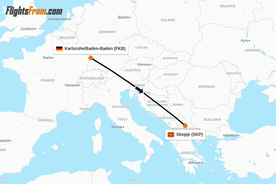 Flights from Karlsruhe/Baden-Baden to Skopje route map