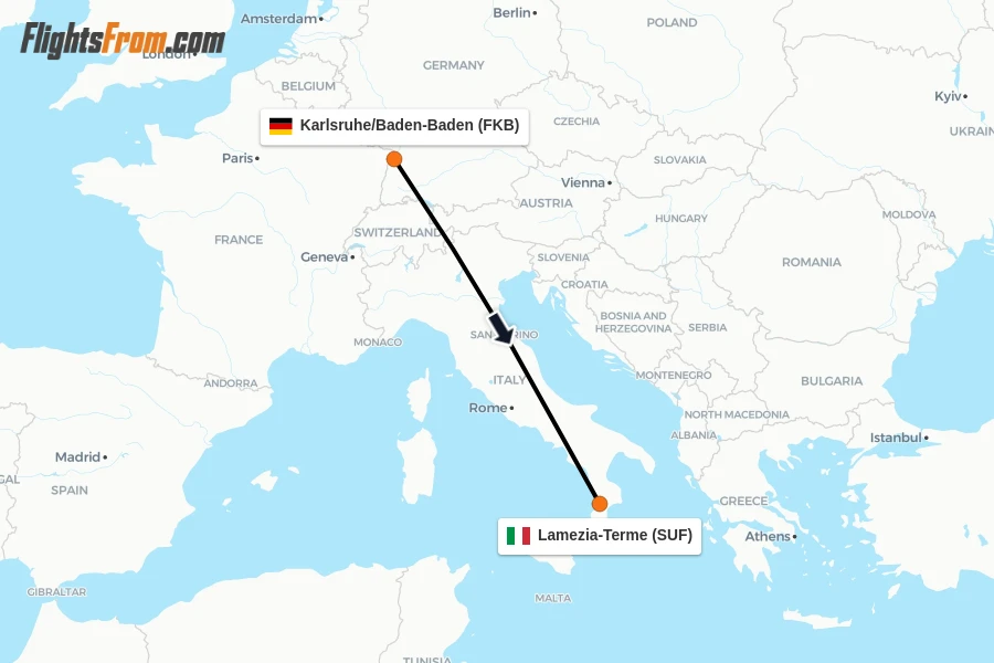 Flights from Karlsruhe/Baden-Baden to Lamezia-Terme route map