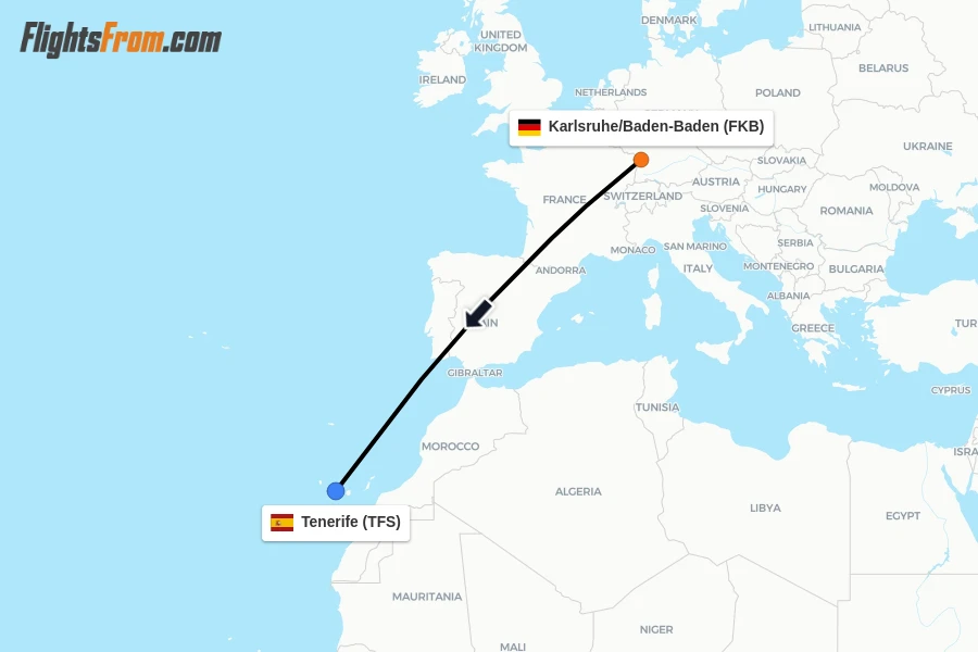 Flights from Karlsruhe/Baden-Baden to Tenerife route map
