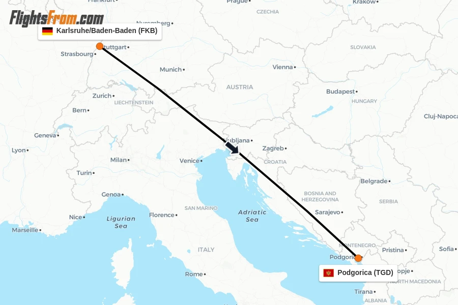 Flights from Karlsruhe/Baden-Baden to Podgorica route map