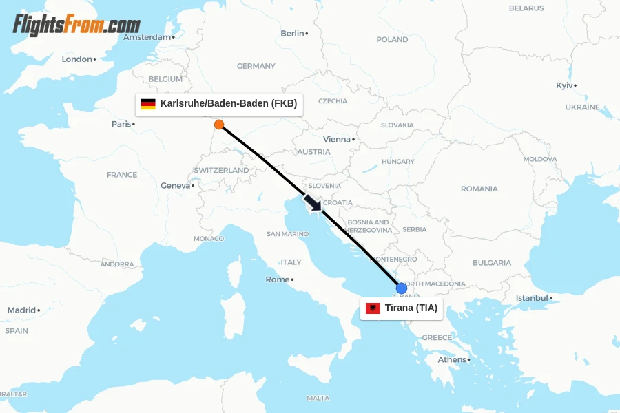 Flights from Karlsruhe/Baden-Baden to Tirana route map