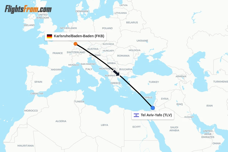 Flights from Karlsruhe/Baden-Baden to Tel Aviv-Yafo route map