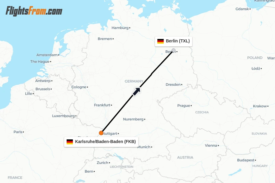 Flights from Karlsruhe/Baden-Baden to Berlin route map