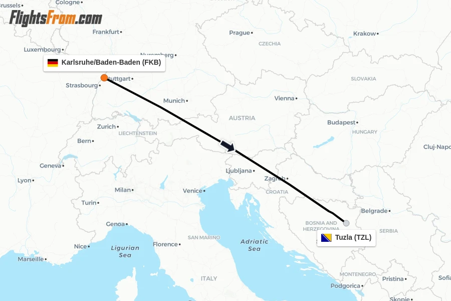 Flights from Karlsruhe/Baden-Baden to Tuzla route map