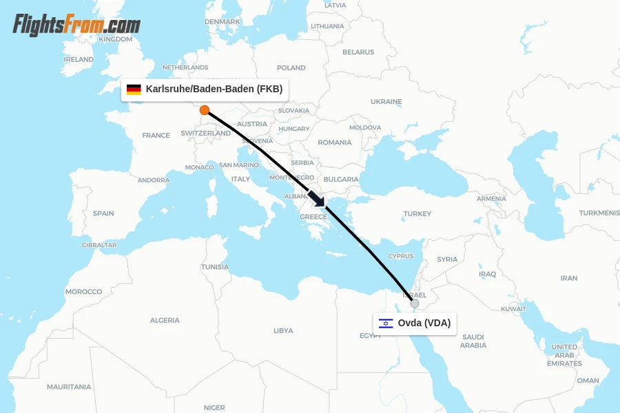 Flights from Karlsruhe/Baden-Baden to Ovda route map