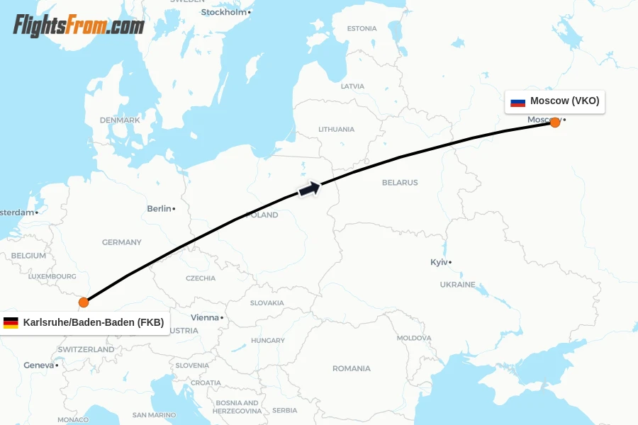 Flights from Karlsruhe/Baden-Baden to Moscow route map