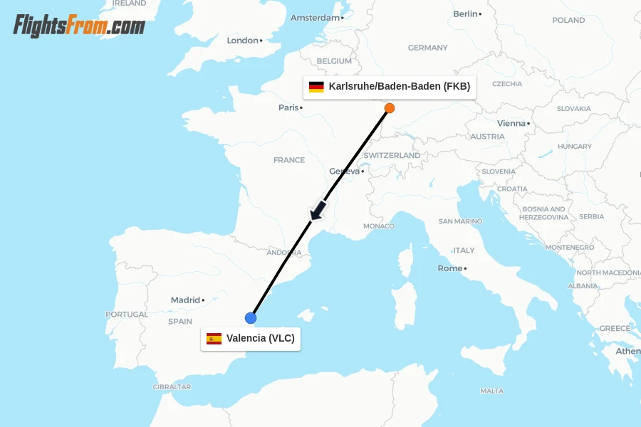 Flights from Karlsruhe/Baden-Baden to Valencia route map