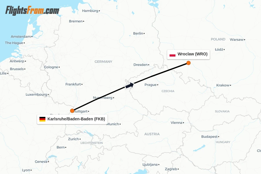 Flights from Karlsruhe/Baden-Baden to Wroclaw route map