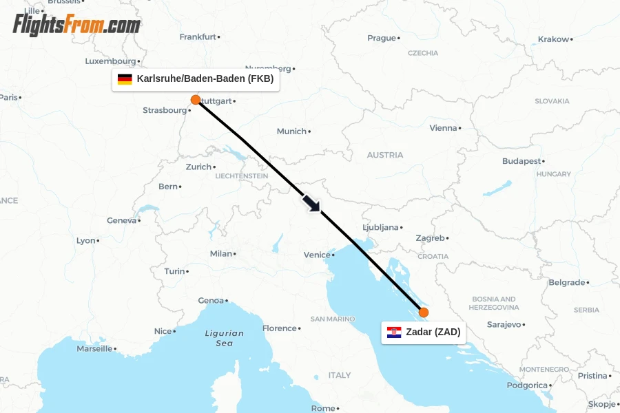 Flights from Karlsruhe/Baden-Baden to Zadar route map