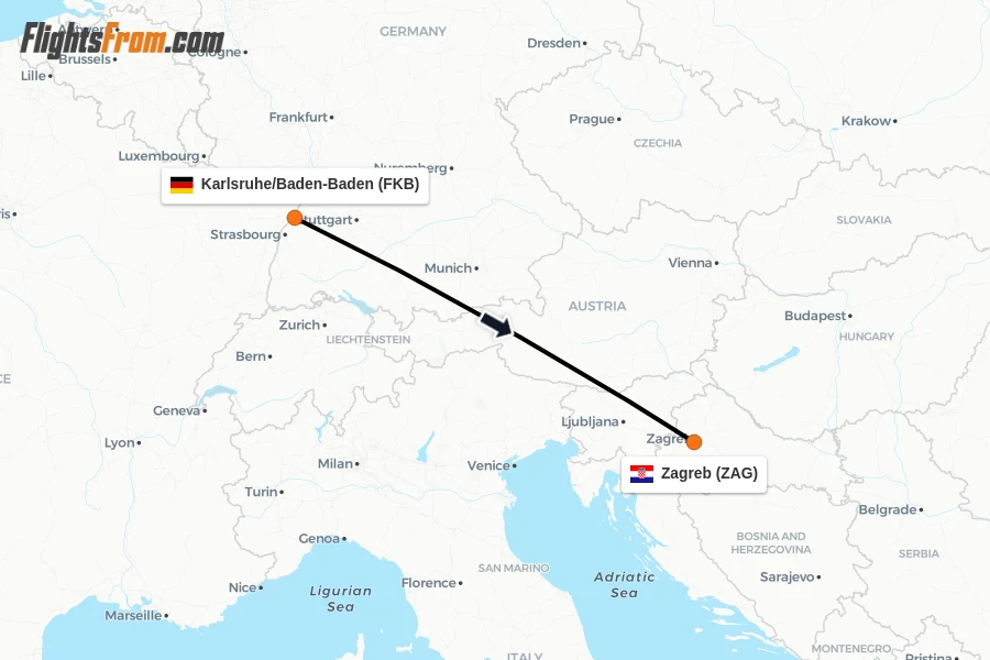 Flights from Karlsruhe/Baden-Baden to Zagreb route map