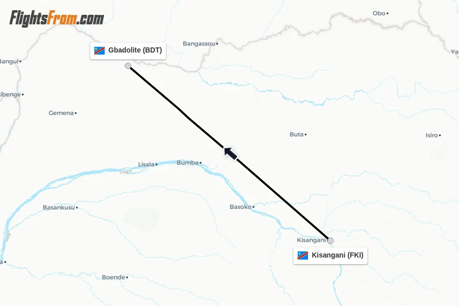 Flights from Kisangani to Gbadolite route map