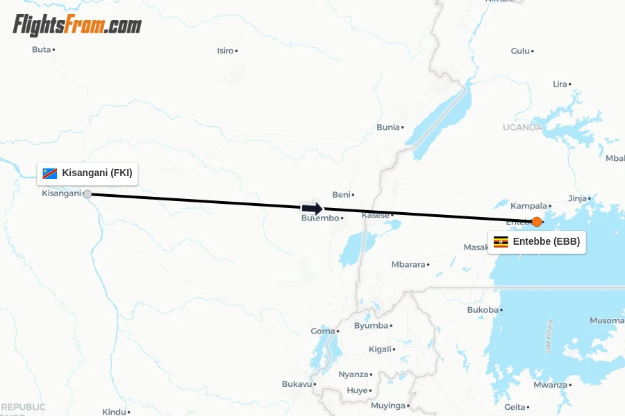 Flights from Kisangani to Entebbe route map