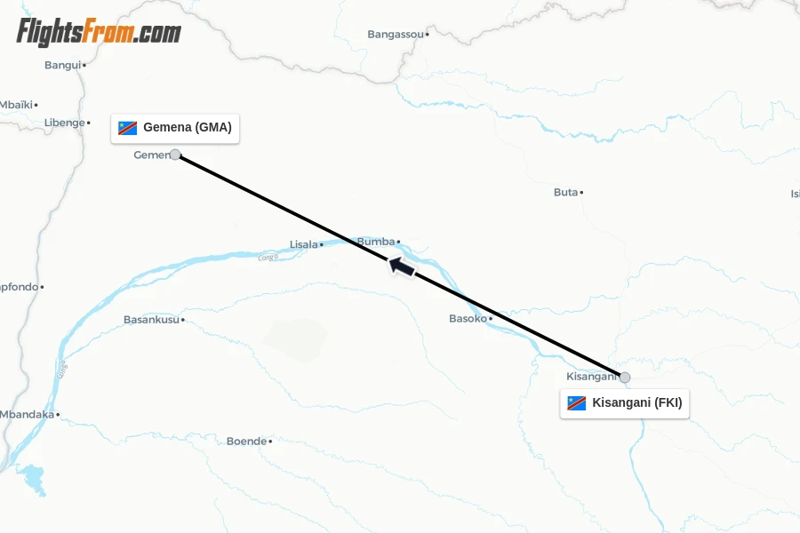 Flights from Kisangani to Gemena route map