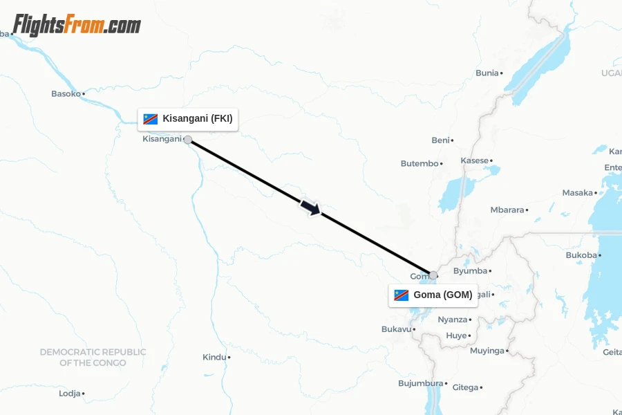 Flights from Kisangani to Goma route map