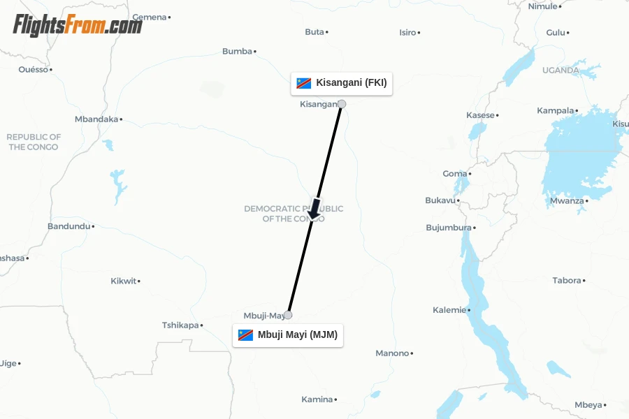 Flights from Kisangani to Mbuji Mayi route map